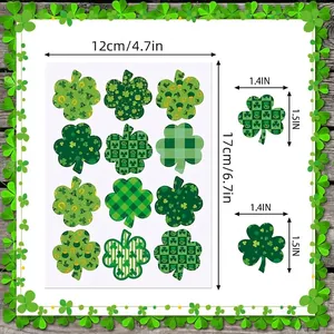 Dimensiones de la hoja de pegatinas de trébol de San Patricio y calcomanías individuales.