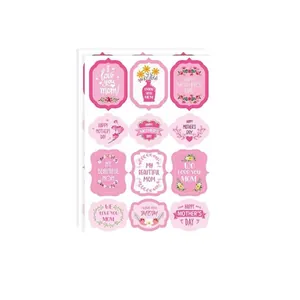 Detail view of pink floral Mother's Day stickers for gift packaging and DIY crafts.