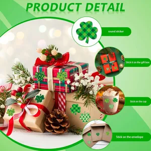 Escenarios de uso de pegatinas de trébol de San Patricio en cajas de regalo, tazas y sobres