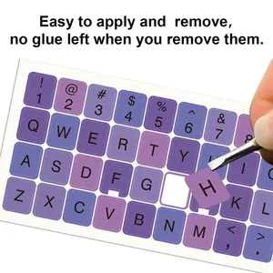 Detailed view of colorful purple English keyboard stickers being peeled off without glue residue