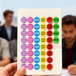 Close-up view of colorful planner stickers for pay day, day off, and work schedules