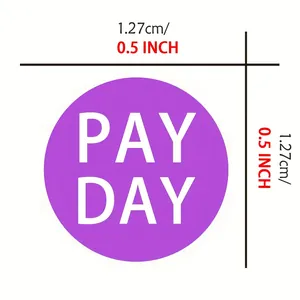 Detailed view of circular purple payday stickers showing 1.27cm diameter dimensions