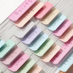 Close-up van kleurrijke waterdichte indextabs met tekst voor maand en categorie.