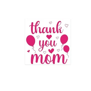 Detail of Mother's Day seal sticker with pink 'thank you mom' text and hearts
