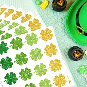 Pegatinas de trébol brillantes verdes y doradas para San Patricio