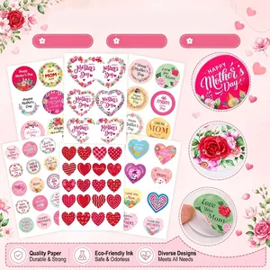 Mother's Day adhesive stickers featuring colorful heart and floral designs for gift sealing.