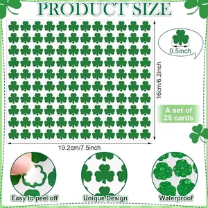 Especificaciones detalladas de tamaño y características para pegatinas trébol San Patricio