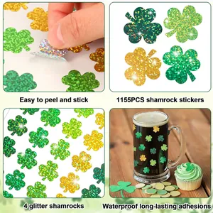 Detalle de pegatinas de trébol con purpurina verde y dorada para el Día de San Patricio