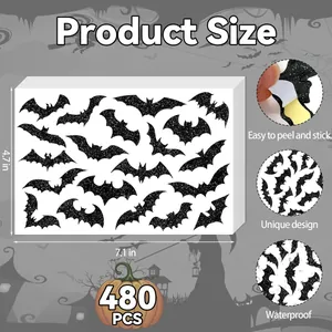Lot de 480 autocollants chauve-souris Halloween, 18x12 cm, imperméable et adhésif