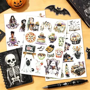 Feuilles d'autocollants d'Halloween à l'aquarelle avec fantômes et citrouilles mignons