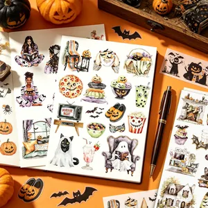 Vue détaillée d'autocollants d'Halloween avec citrouilles, fantômes et chauves-souris