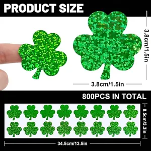 Dimensiones detalladas de pegatinas de trébol verde brillante de San Patricio, 800 piezas