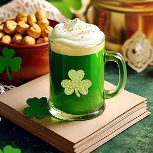 Pegatina de trébol verde brillante en una jarra de cristal para el Día de San Patricio