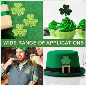 Collage que muestra varios usos de las pegatinas de trébol verde brillante de San Patricio