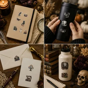 Halloween-themed aesthetic stickers applied on water bottle and vintage notebook