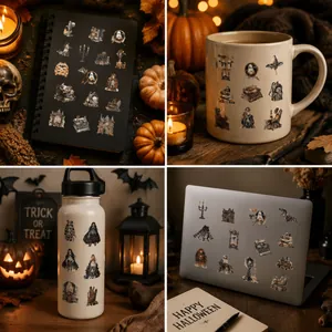 Detailed view of gothic Halloween stickers on various daily items in festive setting