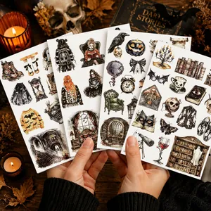 Hand-held set of four sheets featuring gothic Halloween and dark academia sticker art