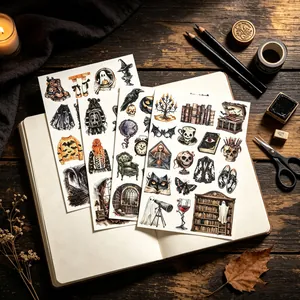 Dark academia aesthetic detail of gothic Halloween stickers with spooky illustrations on paper