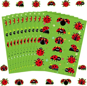 Set of cartoon ladybug sticker sheets with various insect designs for decoration