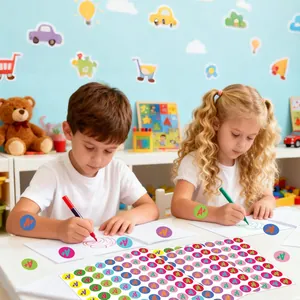 Detailweergave van kinderen die kleurrijke A+ beloningsstickers gebruiken in een klaslokaal