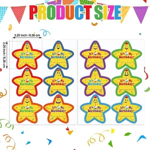 Set of star-shaped happy birthday stickers for gift decoration, 3.25 inch size detail