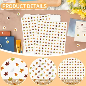 Close-up details of maple leaf stickers showing waterproof and easy-to-peel features