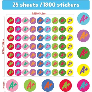 Gedetailleerde afmetingen en aantal voor 1800 kleurrijke A+ beloningsstickers voor scholen.