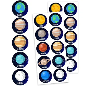 Detailed view of educational solar system planet stickers featuring Earth, Sun and Moon