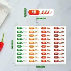 Vista detallada de las pegatinas de nivel de picante que muestran dimensiones y variantes.