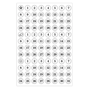 Detailed view of 1-31 calendar date number stickers sheet for planners