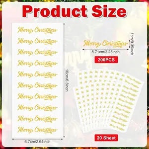 Detailed size chart for Merry Christmas gold foil sticker sheets, 20 sheets included pack.