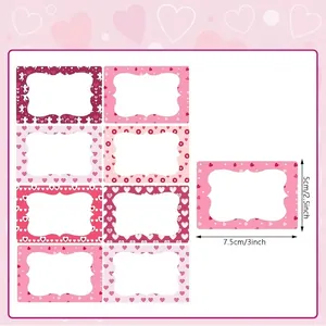 Valentine's Day pink heart name labels size chart showing 5x7.5cm individual dimensions