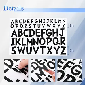Detail view of black waterproof alphabet stickers in 1 inch and 2 inch sizes.