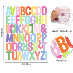 Colorful waterproof alphabet sticker sheet detail with size markings and feature icons