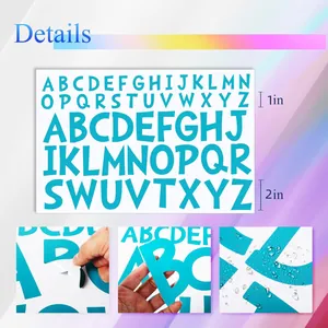 Detail view showing waterproof blue alphabet stickers with size and texture features