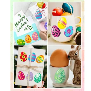 Colorful Easter egg stickers set applied on cards and mugs for DIY holiday decoration