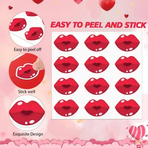 Detailed view showing easy to peel and stick feature of red Valentine lip stickers