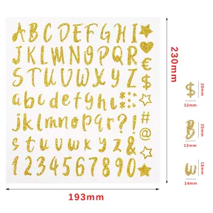 Dimensions of gold glitter alphabet and number sticker sheet for DIY greeting cards