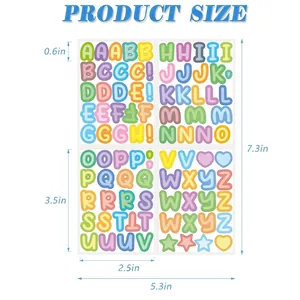 Specification and dimensions of colorful bubble alphabet sticker sheets for DIY crafts