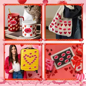 Lifestyle usage of red lip stickers on various items like mugs, bags, and gift boxes.