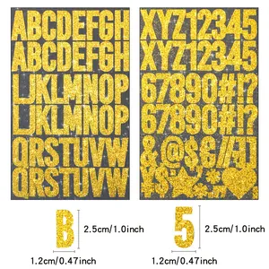 Detail view showing 1-inch tall glitter gold letter and number sticker sheet dimensions