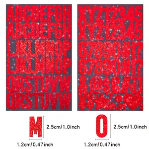 Macro view showing dimensions of red glitter alphabet and number stickers for DIY crafts