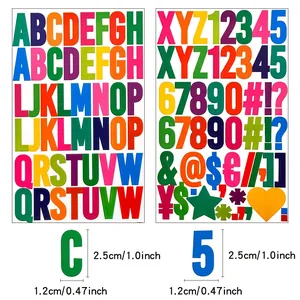 Detailed dimensions of colorful alphabet and number adhesive stickers for DIY crafts