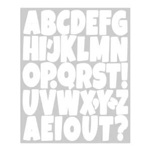 White bubble letter alphabet sticker sheet for DIY greeting cards and gift decor.