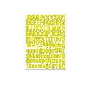 Set of yellow adhesive alphabet and number stickers for DIY craft decoration.