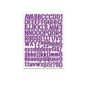 Close-up detail of purple alphabet and number sticker sheet for DIY greeting card decorating