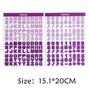Detail view of purple alphabet and number sticker sheets measuring 15.1x20 cm.