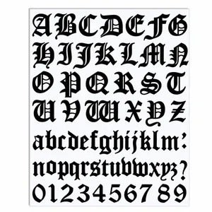Detailed view of Gothic font alphabet and number stickers for DIY crafts and cards