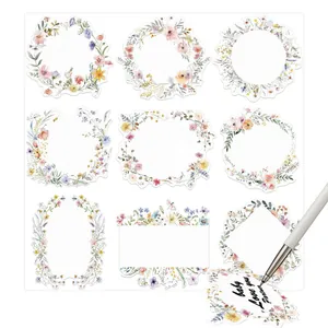 Detail van beschrijfbare aquarel bloemenkrans stickers voor schoolnaamkaartjes