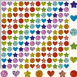 Detailed macro view of colorful holographic glitter stickers in heart, star, and circle shapes